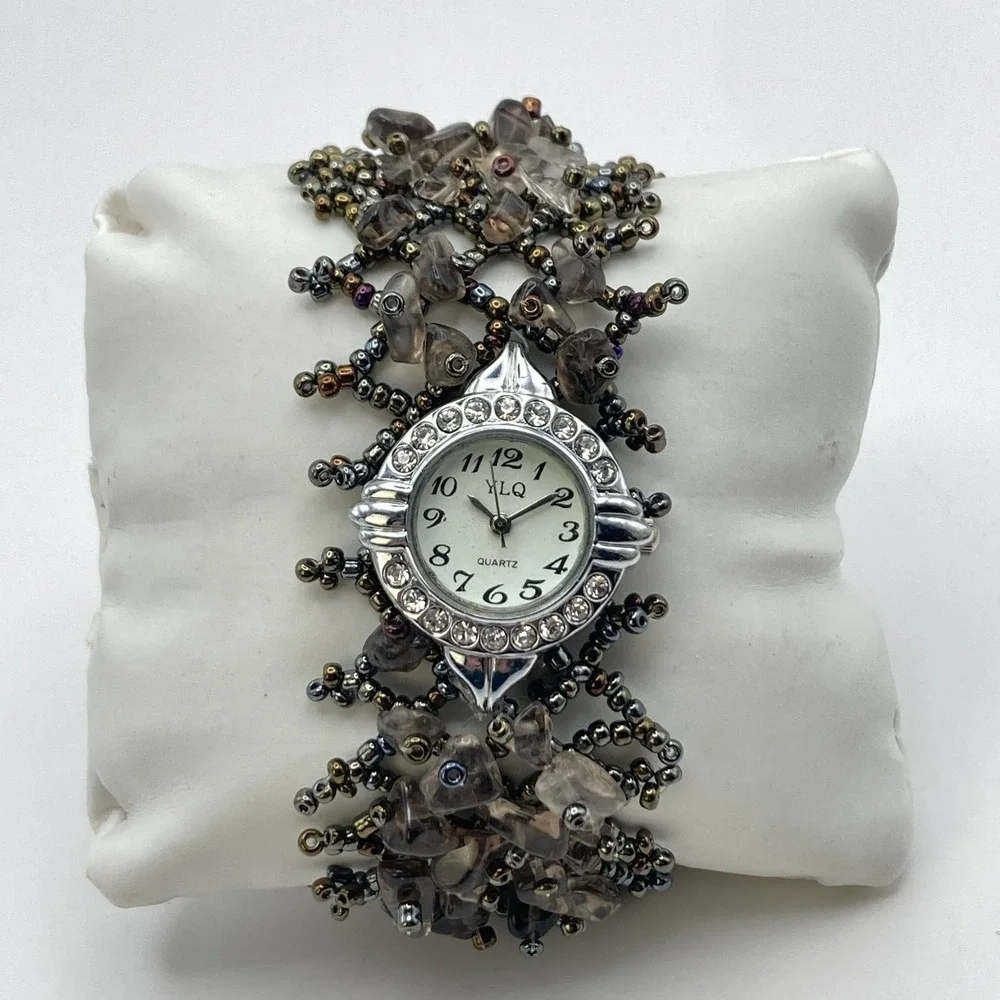 Artisan Womens Watch Beaded Gemstone Silver Tone Crystals New Battery 7.25